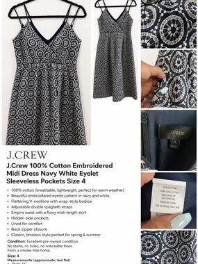J.Crew Embroidered Midi Dress Eyelet Lace Sleeveless Pockets 100% cotton